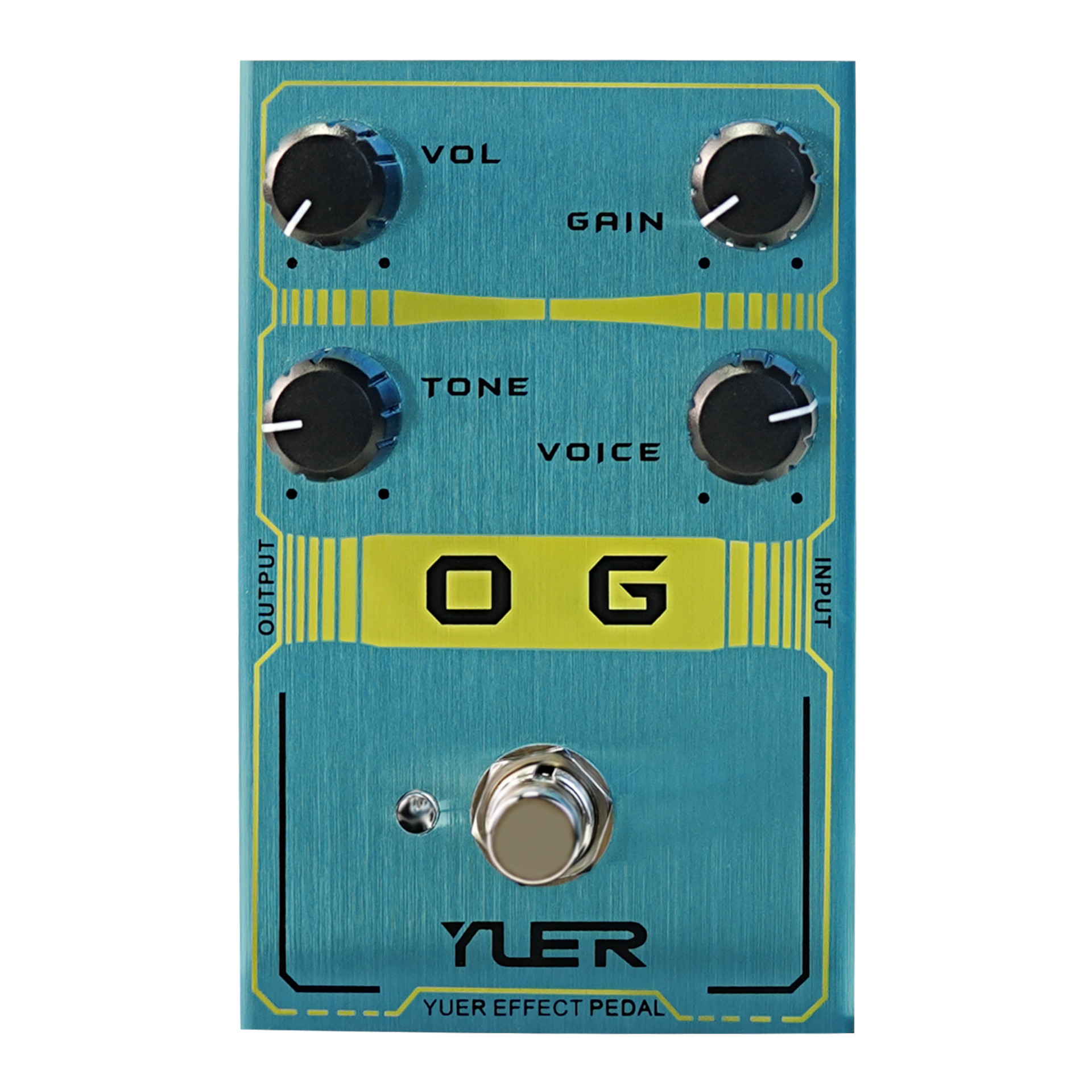 Gitarreneffektpedal, blaues Metallgehäuse, Overdrive-Pedal, vier Drehregler, Fußschalter